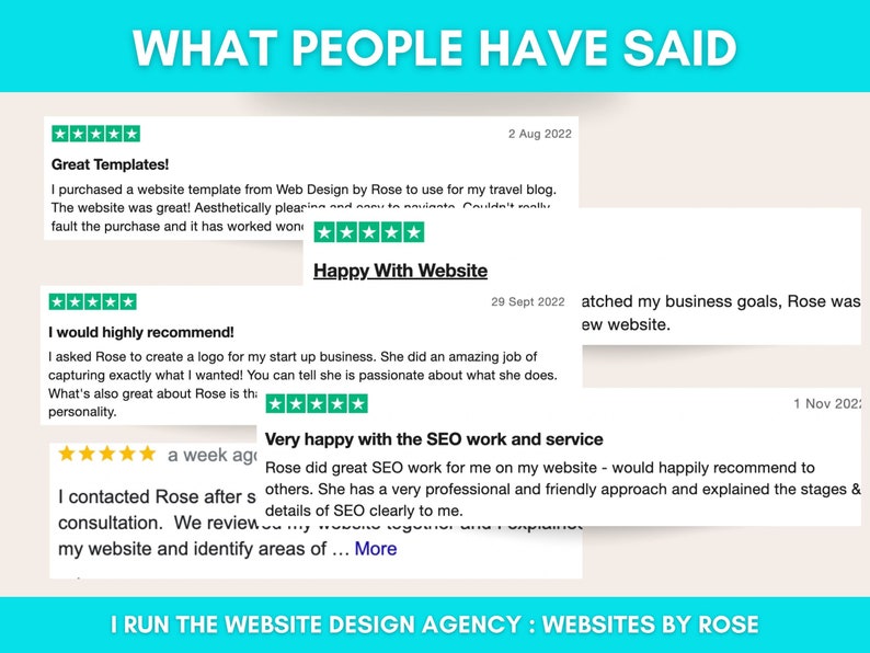 Peut inclure: Graphique turquoise et blanc avec le texte &laquo;&nbsp;WHAT PEOPLE HAVE SAID&nbsp;&raquo;. Des avis clients avec des &eacute;valuations par &eacute;toiles et des commentaires sur les services de conception de sites Web et de r&eacute;f&eacute;rencement sont affich&eacute;s.