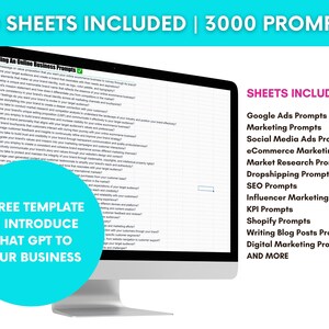 Peut inclure: Un &eacute;cran d'ordinateur affiche une feuille de calcul intitul&eacute;e "100 Branding An Online Business Prompts." Le texte comprend "30 FEUILLES INCLUSES | 3000 INVITES" et "+ MOD&Egrave;LE GRATUIT POUR INTRODUIRE CHAT GPT &Agrave; VOTRE ENTREPRISE." Une liste des invites incluses est &eacute;galement visible.