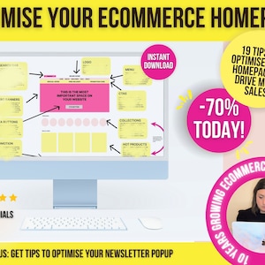 Könnte beinhalten: Ein Computermonitor zeigt ein Website-Layout mit Pfeilen und Text, darunter "OPTIMISE YOUR ECOMMERCE HOMEPAGE". Pinke und gelbe Kreise heben "-70% TODAY!" und "19 TIPPS ZUR OPTIMIERUNG IHRER HOMEPAGE" hervor. Eine Frau arbeitet an einem Laptop.