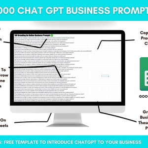 Peut inclure: Un &eacute;cran d'ordinateur affiche une feuille de calcul avec des invites commerciales. L'image promeut 3000 invites ChatGPT, l'acc&egrave;s &agrave; Google Docs et un mod&egrave;le gratuit pour pr&eacute;senter ChatGPT &agrave; votre entreprise. L'image est con&ccedil;ue pour aider &agrave; d&eacute;velopper une entreprise en ligne.