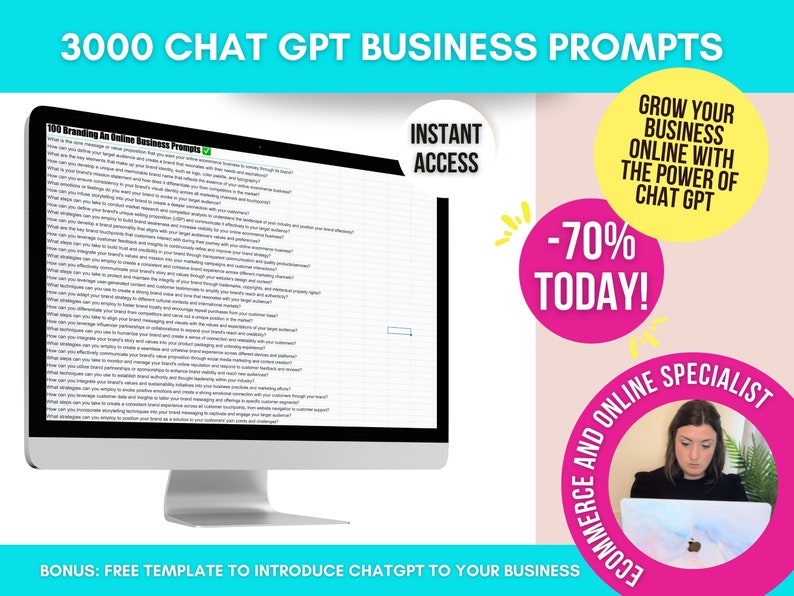 Peut inclure: Un &eacute;cran d'ordinateur affiche une feuille de calcul avec des invites commerciales. L'image fait la promotion de "3000 Chat GPT Business Prompts" avec une offre "-70% AUJOURD'HUI!". L'image comprend &eacute;galement le texte "D&eacute;veloppez votre entreprise en ligne avec la puissance de Chat GPT."