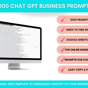 Peut inclure: Un &eacute;cran d'ordinateur affiche un document avec des invites commerciales. L'image comprend le texte : "3000 CHAT GPT BUSINESS PROMPTS", "3000 PROMPTS", "INDEX TO FIND SHEETS", "GOOGLE SHEETS DOC", "FOR ONLINE BUSINESSES", "PROMPTS FOR CHAT GPT", et "EASY COPY & PASTE".