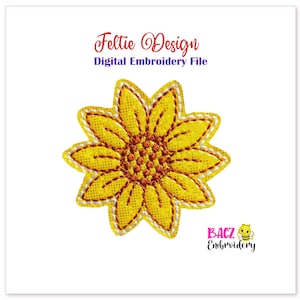 May include: A yellow felt sunflower embroidery design file. The sunflower has a brown center and is outlined in white.