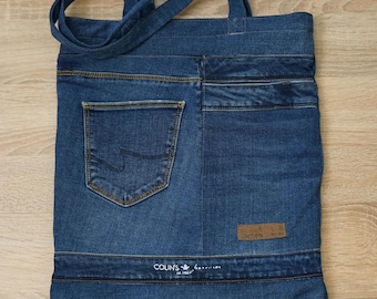 Upcycled Denim Tote Bag: Recycled Jeans Shoulder Bag with Pockets