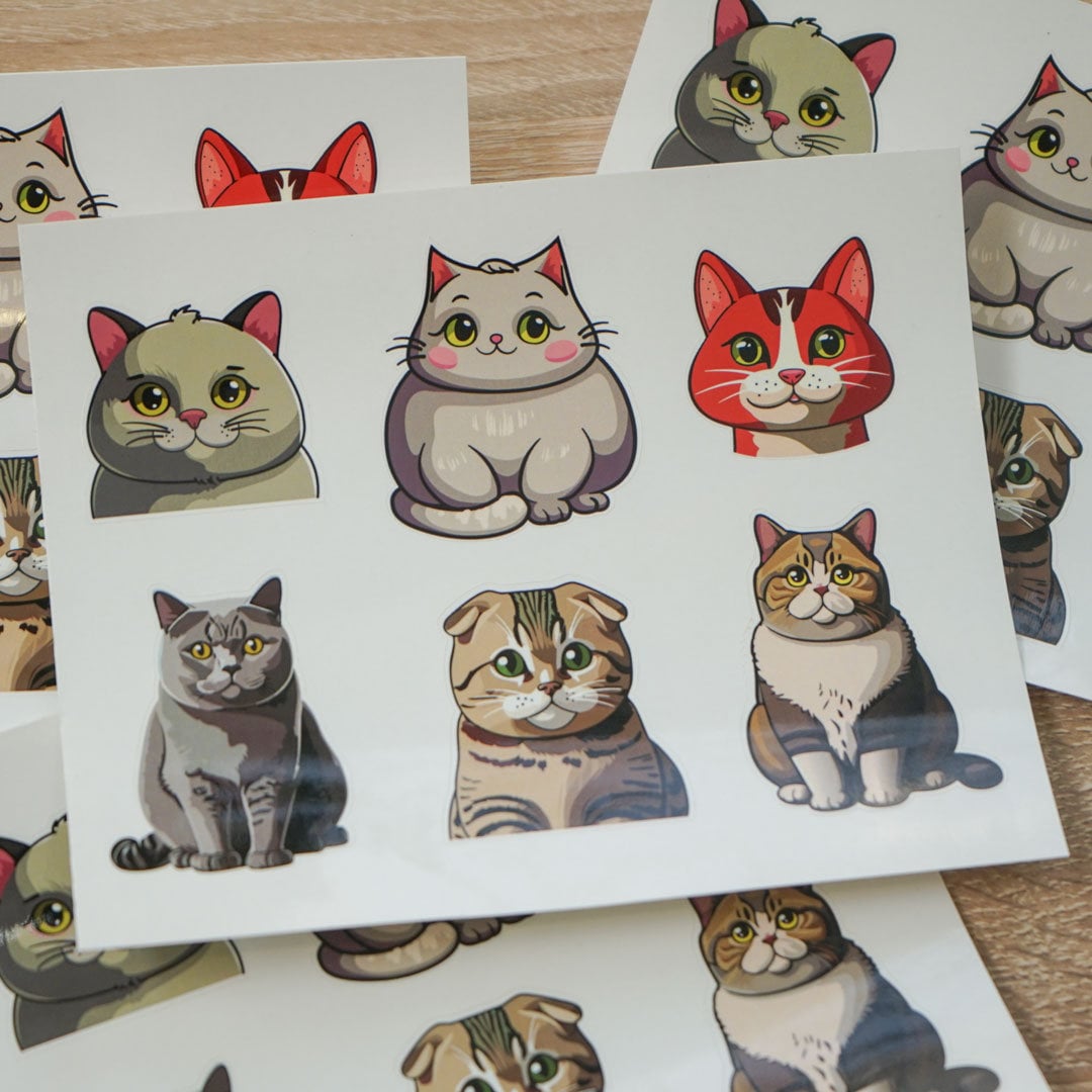 Cartoon Cat Vinyl Sticker Pack – Glossy Waterproof Stickers | A6 Sheet ...