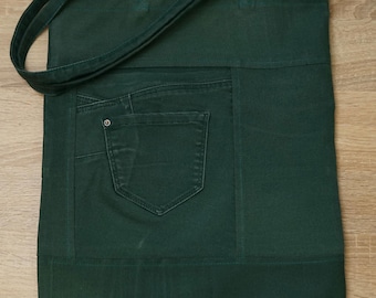 Upcycled Green Denim Tote Bag: Recycled Jeans Shoulder Bag with Pockets