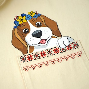 Hand painted tote bag with beagle dog in a pocket