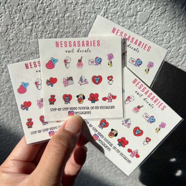 Bt21 valentine’s day nail decals - waterside decal - k-pop nail art - bts bangtan nails - cooky tata chimmy mang shooky rj koya