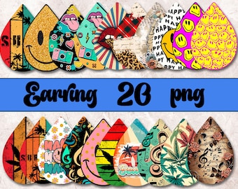 Retro Teardrop Earrings Png, Smiley Sublimation Earring Designs, Teardrop Earring Bundle