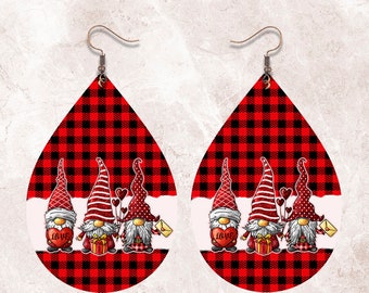 Valentines Day Buffalo Plaid Print Gnomes Png Sublimation Earring Designs, Earring Blanks Design, Sublimation Designs Downloads