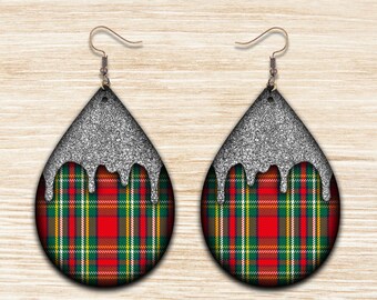 Buffalo Plaid Earrings PNG Sublimation, Christmas Teardrop Earrings PNG, Winter Sublimation File