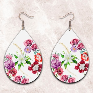 Bloemen Teardrop Earring Png, Sublimatie Oorbel Ontwerpen Template Png, Oorbel Blanks Design, Instant Digitale Download