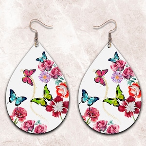 Bloemen Teardrop Earring Png, Vlinder Sublimatie Oorbel Ontwerpen Template Png, Oorbel Blanks Design, Instant Digitale Download