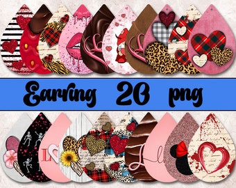 Hearts Teardrop Earrings Png, Sublimation Earring Designs, Valentines Day Teardrop Earring Bundle