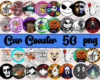Halloween Car Coaster Sublimation Designs, Spooky Car Coasters Png, Horror Car Coaster Bundle