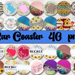 Car Coaster Sublimation Designs, Flowers Car Coasters Png, Car Coaster Bundle