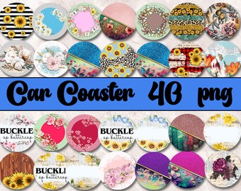 Car Coaster Sublimation Designs, Flowers Car Coasters Png, Car Coaster Bundle
