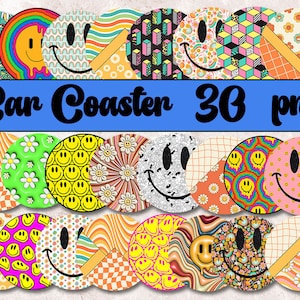 Retro Car Coaster Sublimation Designs, Smiley Face Car Coasters Png, Car Coaster Bundle