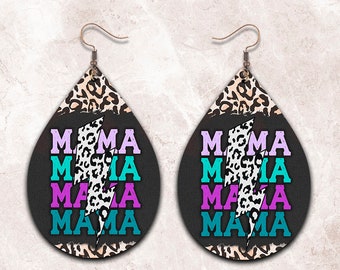 Digital Png File Mama Earring, Cheetah Leopard Lightning Bolt, Teardrop Earring, Printable Waterslide Sublimation Design