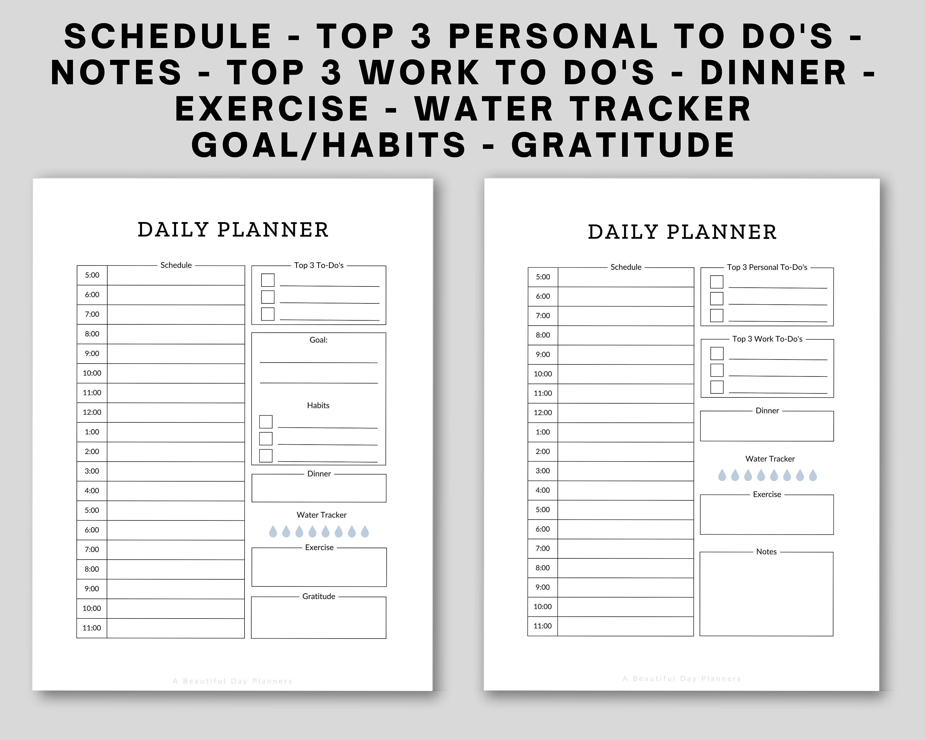 One page daily planner minimal printable daily planner daily planner