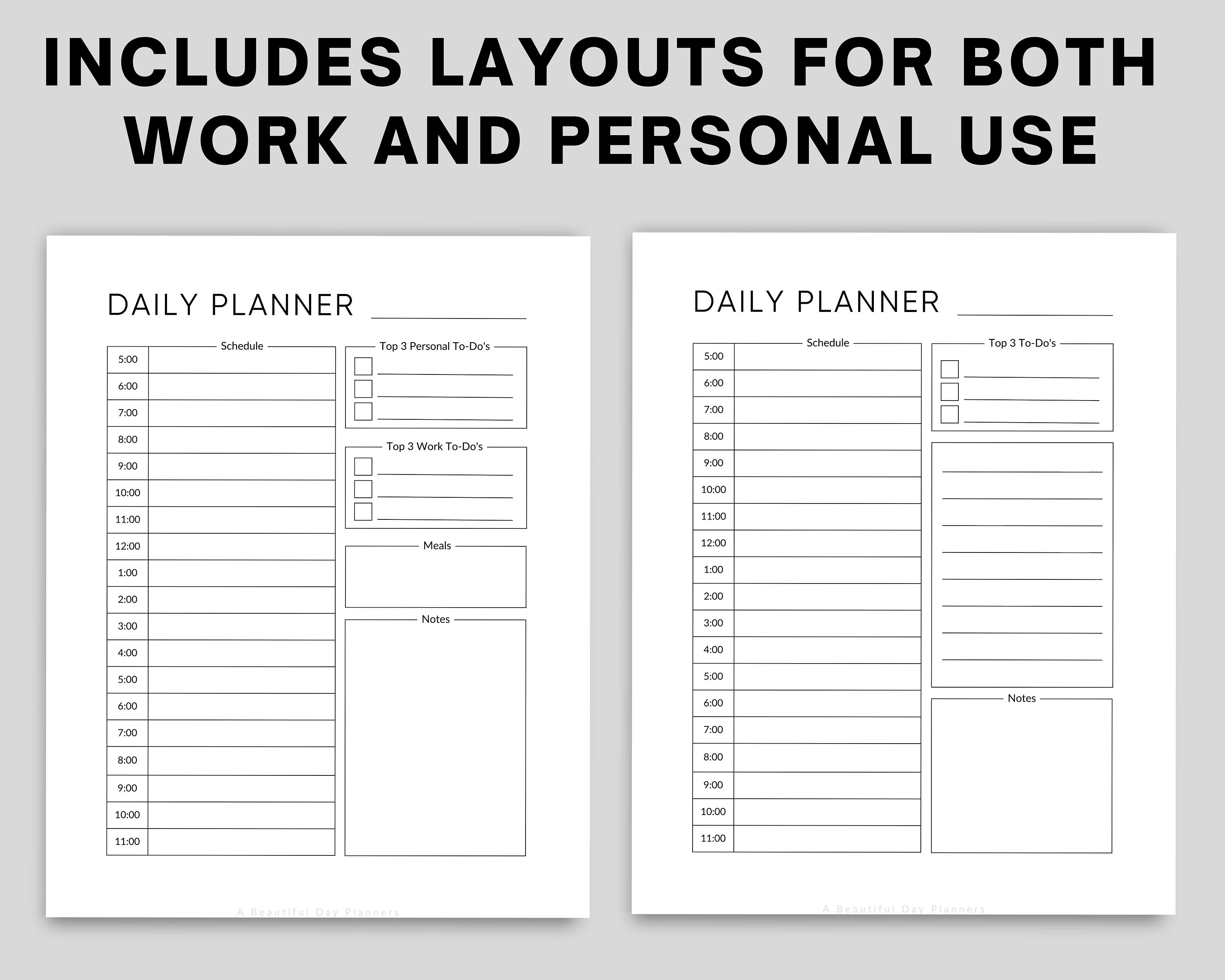 One page daily planner minimal printable daily planner daily planner