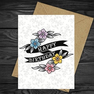 Happy Birthday Old School Tattoo Inspired Blank Greeting Card