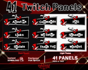 May include: 41 Twitch panels in a dark and light theme. The panels feature a black and white design with a red and white character from the Persona series. The panels include titles such as "About Me", "Commands", "FAQ", "Links", "My Setup", "Schedule", "Socials", "Thank You", and "Wishlist".