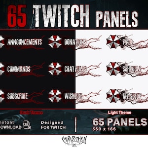 May include: 65 Twitch panels in a dark and light theme with a red and white umbrella logo. The panels include titles such as "Announcements", "Donations", "Commands", "Chat Rules", "Schedule", "Subscribe", "Wishlist", and "My Setup".