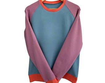 Herren Sweatshirt aus Bio-French-Terry / blau-lila-lachs / Hergestellt in Deutschland