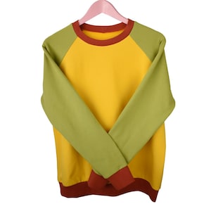 May include: A yellow sweatshirt with green sleeves and a red trim around the neck and cuffs.