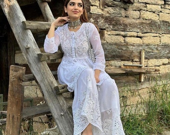 White Chikankari Straight Kurti Palazzo Set, Premium 3 piece Readymade Shalwar Kameez Pakistani Suit Lucknow Kurta Set,Georgette Mirror Work