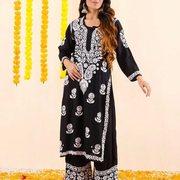 Black Pakisthani Traditional Chikan Hand Embroidered Lucknowi Soft Chikankari Modal Floral Straight Kurta- Palazzo Set for Women,Eid Special