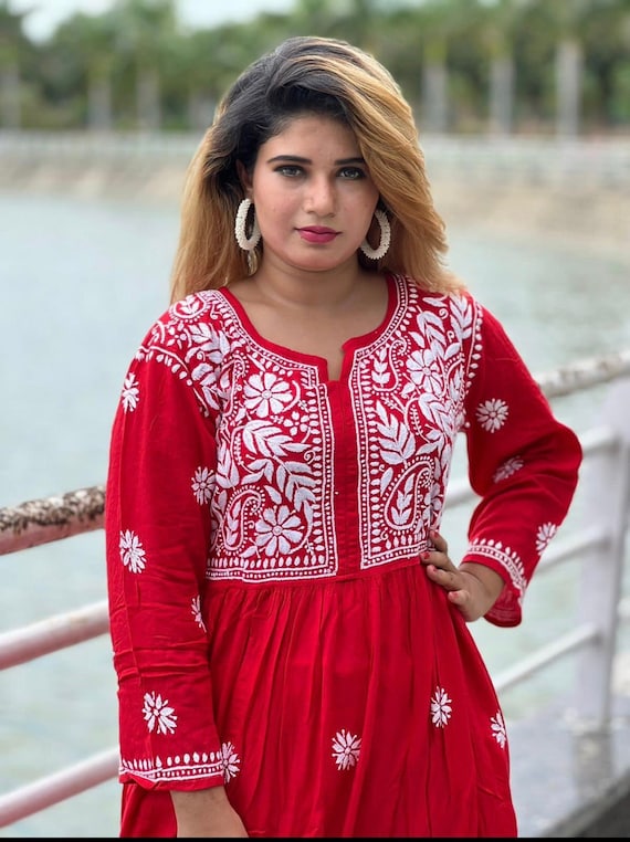 Buy Ada Hand Embroidered Red Cotton Lucknowi Chikankari Straight Kurti  A911365 Online at Best Prices in India - JioMart.
