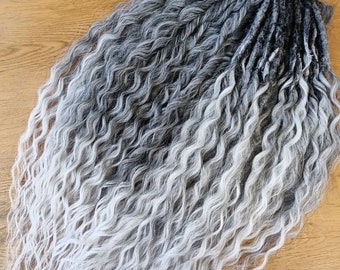 Salt and Pepper Synthetic Curly Locks Double Ended, Long Wavy Hair Extensions, Boho Silver Ombre Curly Dreads