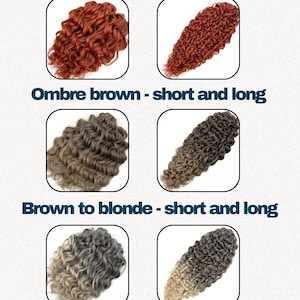 May include: An image showcasing three different hair color options: bronze, ombre brown, and brown to blonde. Each color is displayed in both short and long styles, with the text "Bronze - short and long", "Ombre brown - short and long", and "Brown to blonde - short and long".