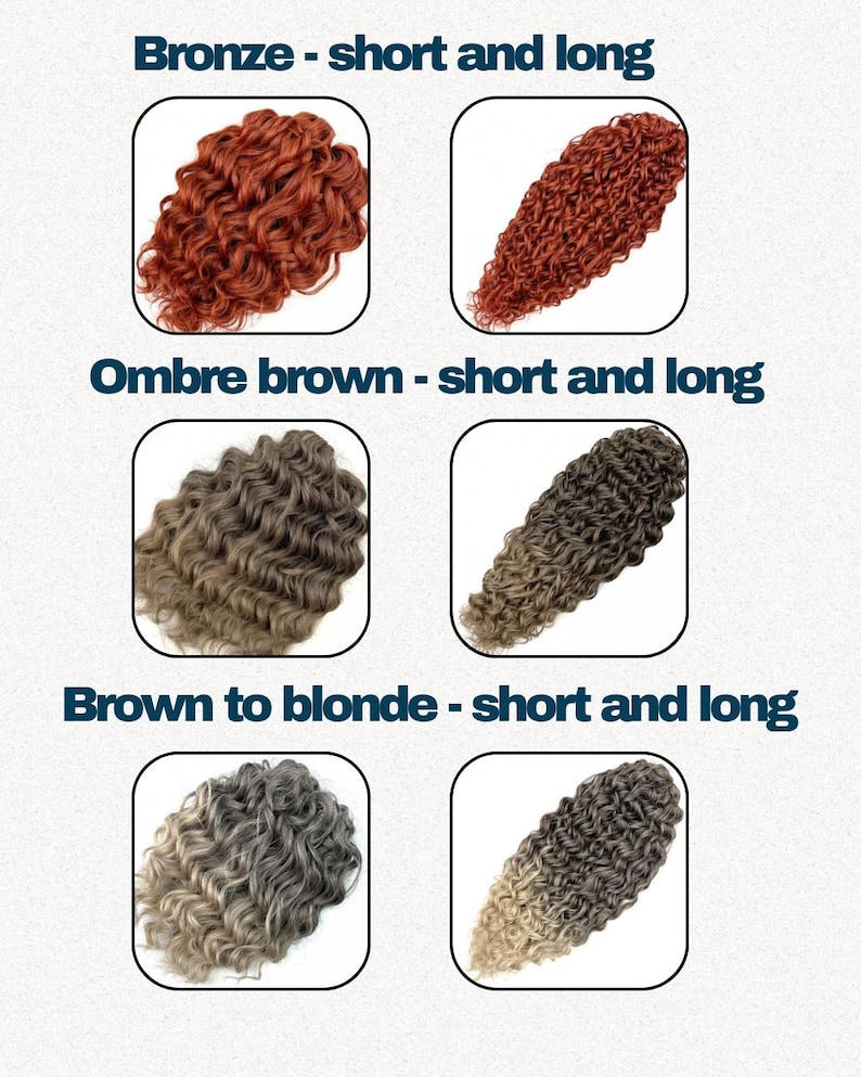 May include: An image showcasing three different hair color options: bronze, ombre brown, and brown to blonde. Each color is displayed in both short and long styles, with the text "Bronze - short and long", "Ombre brown - short and long", and "Brown to blonde - short and long".