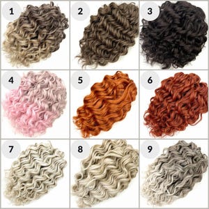 May include: A grid of nine swatches of curly hair extensions in various colors. The colors include shades of brown, black, pink, orange, and blonde. Each swatch is labeled with a number from 1 to 9.