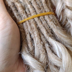 May include: Close-up of a bundle of blonde dreadlocks, secured with a yellow rubber band. The dreadlocks have a textured, natural appearance, with varying shades of blonde and brown. The hair is styled in a twisted, rope-like fashion.