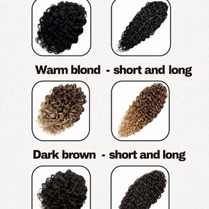 May include: An image showcasing six hair extensions in various colors and lengths. The text "Black - short and long", "Warm blond - short and long", and "Dark brown - short and long" are displayed above each set of hair extensions.