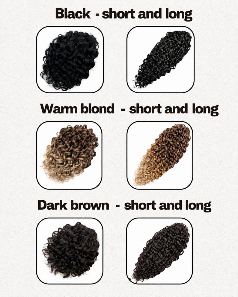 May include: An image showcasing six hair extensions in various colors and lengths. The text "Black - short and long", "Warm blond - short and long", and "Dark brown - short and long" are displayed above each set of hair extensions.