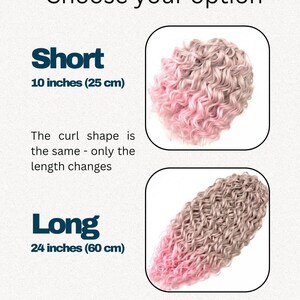 May include: An image with the text "Choose your option". It shows two options for curly hair extensions. The "Short" option is 10 inches (25 cm) long, and the "Long" option is 24 inches (60 cm) long. The curl shape is the same for both.