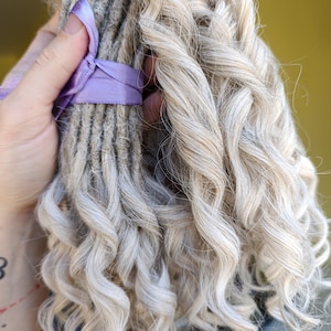 May include: A bundle of light gray dreadlocks with curly ends, secured with a lavender ribbon. The dreadlocks have a natural, textured appearance, and the curls add volume and style. The overall look is soft and textured.