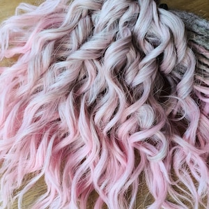 Pastel Pink Wave Ombre Dreads Double Ended, Synthetic Dreads with Curly Loose Ends, Short Rose Wavy Faux Locks, Boho Curly dreads, 10 inches