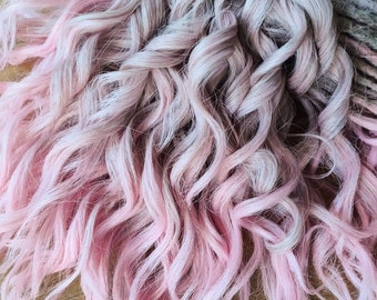 Pastel Pink Wave Ombre Dreads Double Ended, Synthetic Dreads with Curly Loose Ends, Short Rose Wavy Faux Locks, Boho Curly dreads, 10 inches