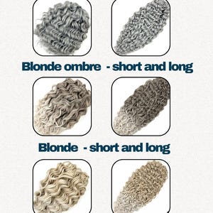 May include: Image showcasing six examples of curly hair extensions in various colors. The colors include silver, blonde ombre, and blonde, each available in short and long styles. The text "Silver - short and long", "Blonde ombre - short and long", and "Blonde - short and long" are displayed.