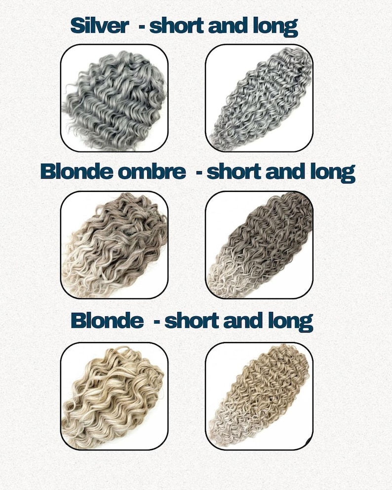 May include: Image showcasing six examples of curly hair extensions in various colors. The colors include silver, blonde ombre, and blonde, each available in short and long styles. The text "Silver - short and long", "Blonde ombre - short and long", and "Blonde - short and long" are displayed.