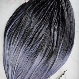 Black Ombre Braid In Dreads with Straight Blue & Grey Loose Ends, Double Ended Long Braided Synthetic Dreadlocks, Dreadlock hair extensions
