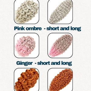 May include: A display of hair extensions in various colors and styles. The image showcases ash blonde, pink ombre, and ginger shades, each available in short and long lengths. The hair extensions have a curly texture.