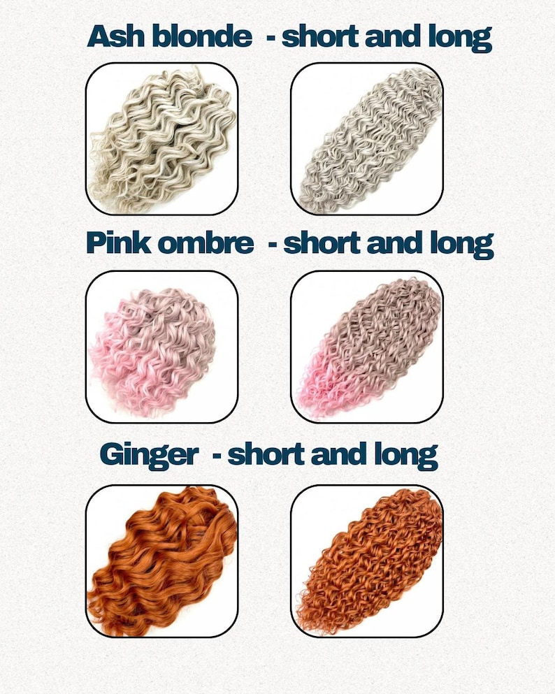 May include: A display of hair extensions in various colors and styles. The image showcases ash blonde, pink ombre, and ginger shades, each available in short and long lengths. The hair extensions have a curly texture.