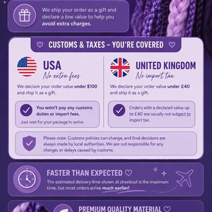May include: Purple and lavender braided hair extensions with text about shipping, customs, and material quality. The text includes "Shipping Made Simple", "No Extra Fees, No Surprises", and "Premium Quality Material".